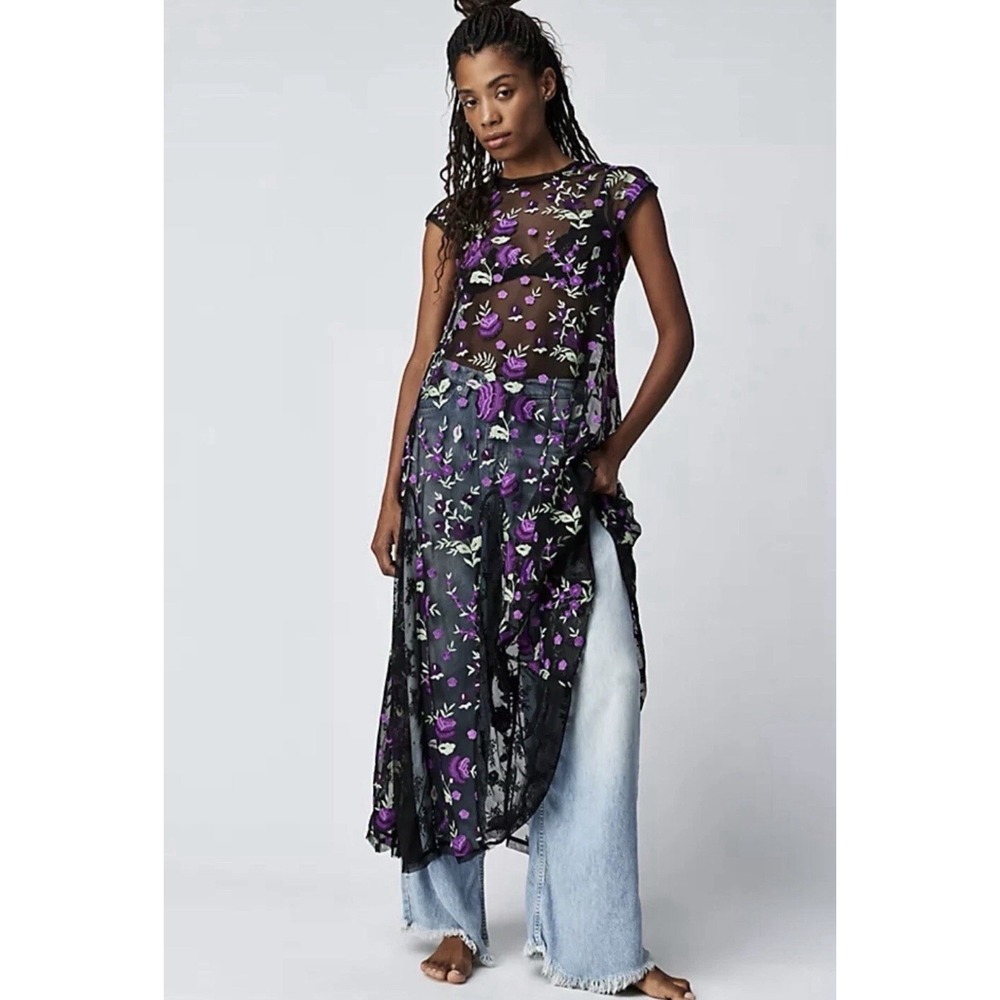 NWT Free People Sky Bright Midi Dress Black Floral Embroidered Size S $228